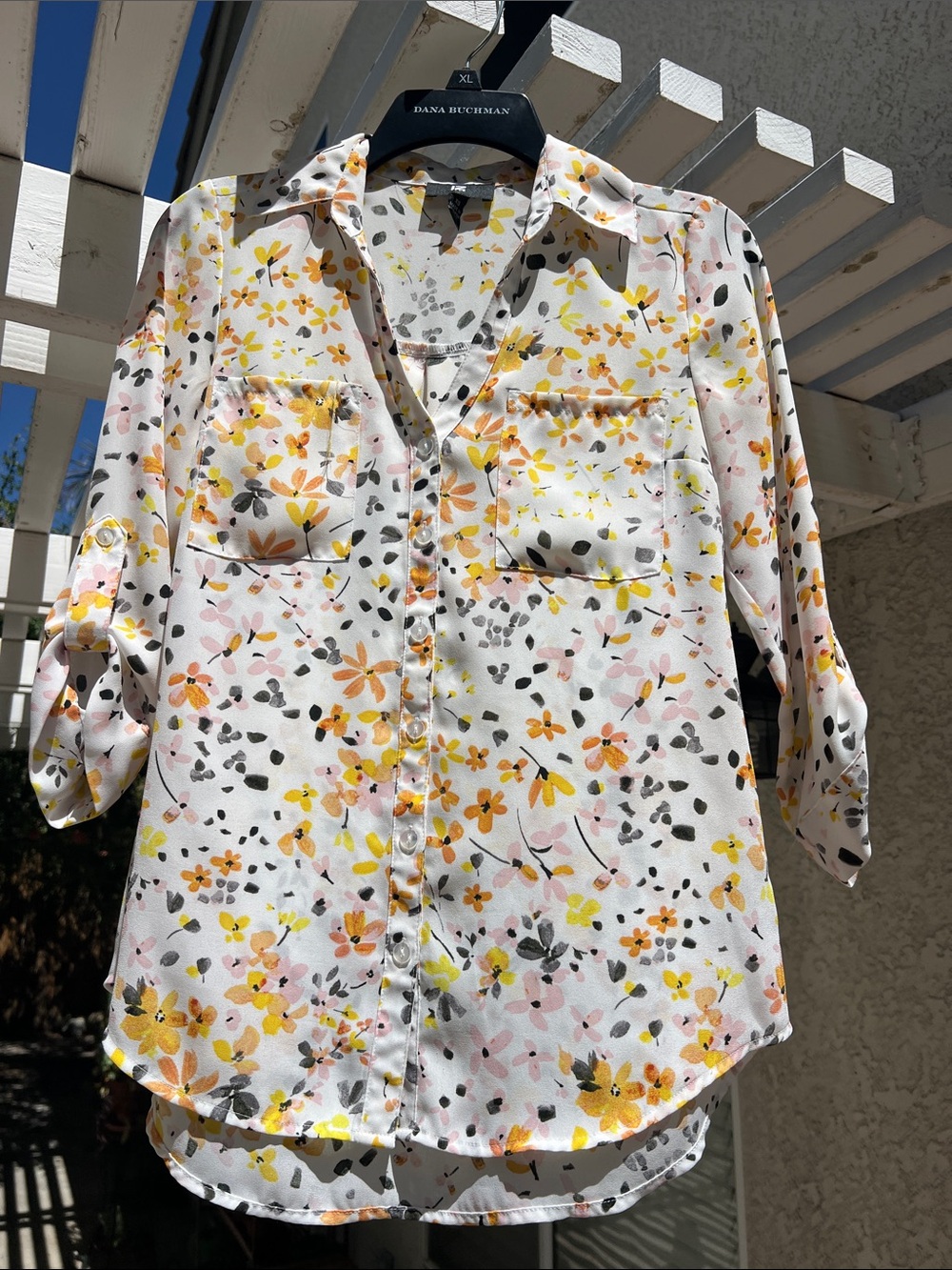 Iz Byer white Floral Button-Up Blouse - Yellow & Pink Floral
